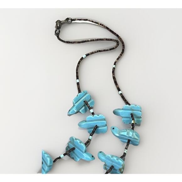 Native American Zuni Turquoise Turtle Multi Animal Fetish Heishi Shell Necklace - Picture 8 of 14